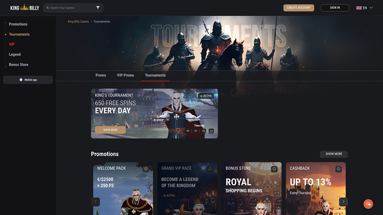 King Billy Casino Tournaments Desktop