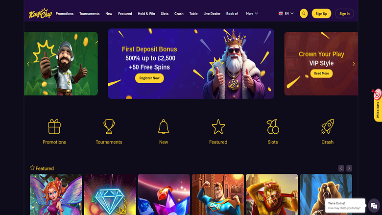 Homepage screenshot of King's Chip Casino for Desktop