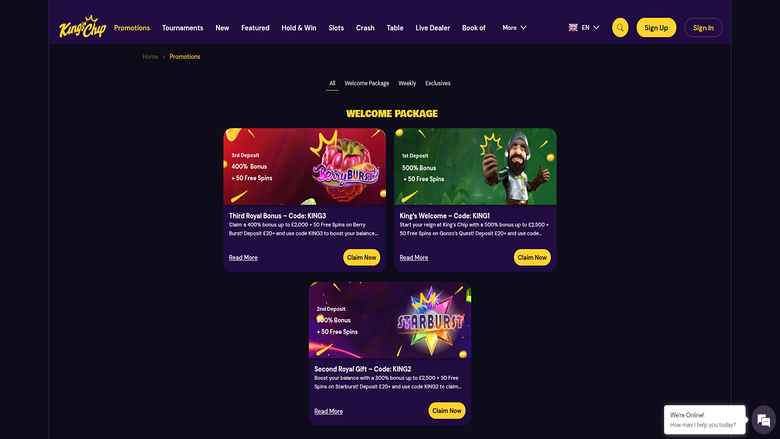 Promotions screenshot of King's Chip Casino for Desktop