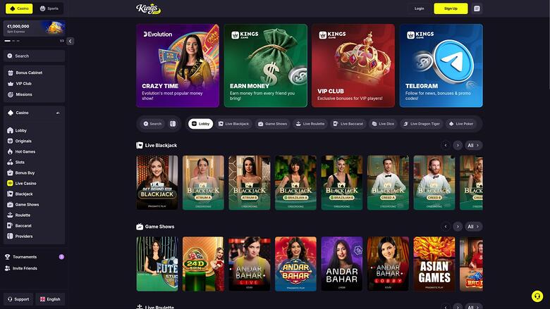 Kings Game Casino live dealer page
