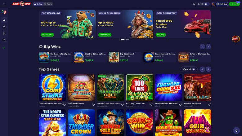 Lazybar Casino Desktop Homepage