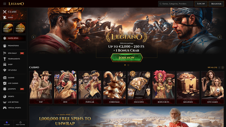 Legiano Casino Desktop Homepage