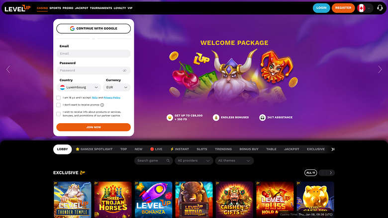 Levelup Casino Desktop Homepage