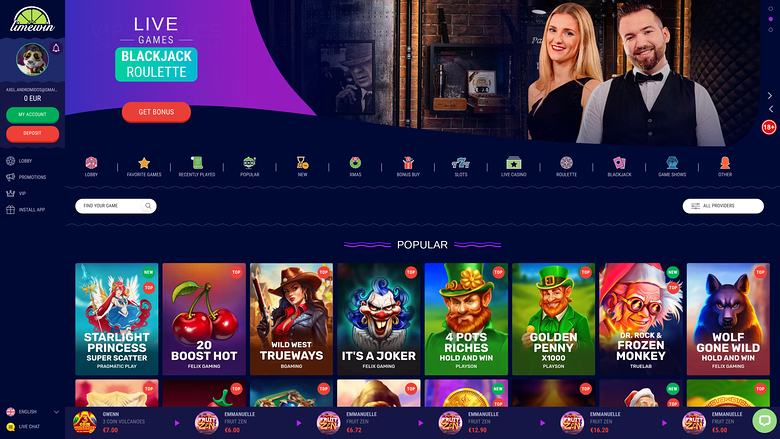 Limewin Casino Desktop Homepage