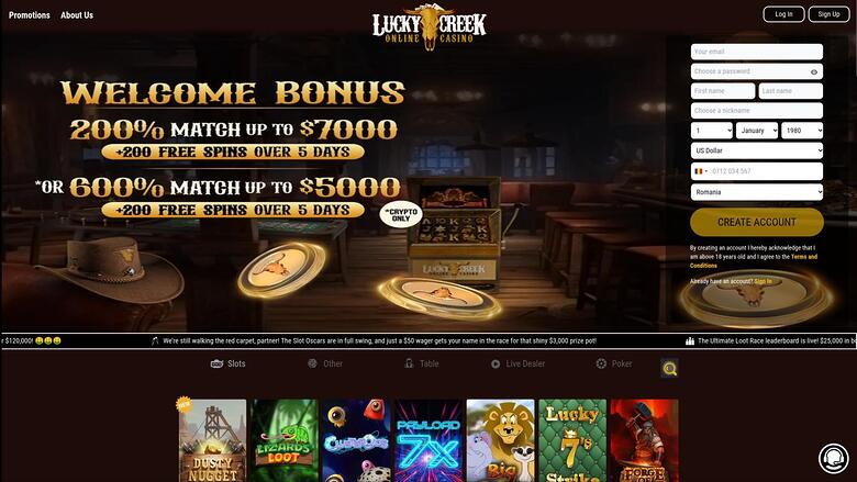 Lucky Creek Casino Desktop Homepage