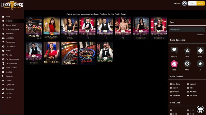 Lucky Creek Casino Desktop Live Dealer