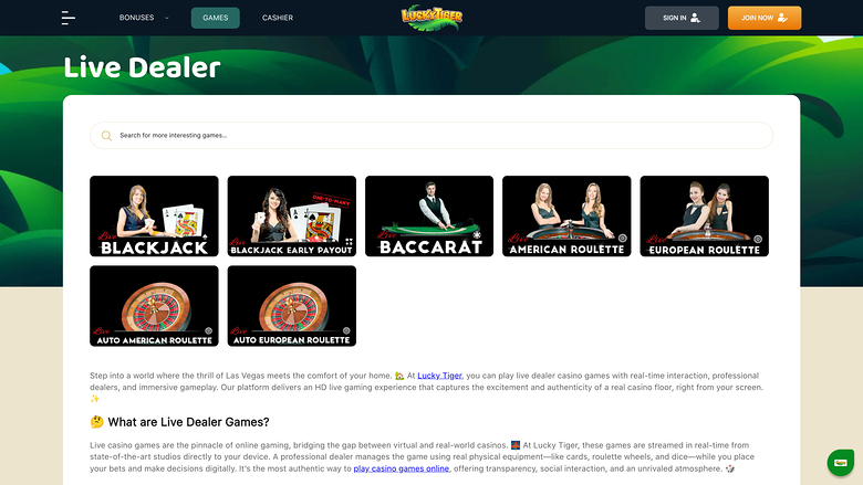 Lucky Tiger Casino Desktop Live Dealer