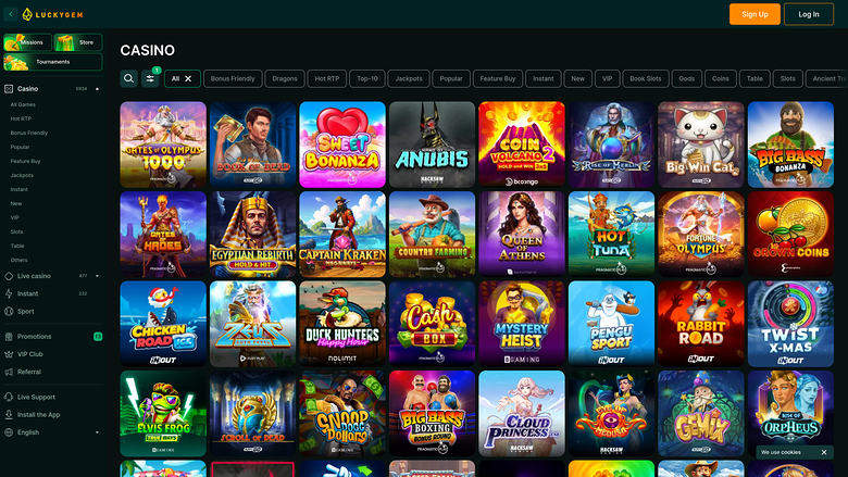 Snímek obrazovky herní nabídky Luckygem v desktopové verzi