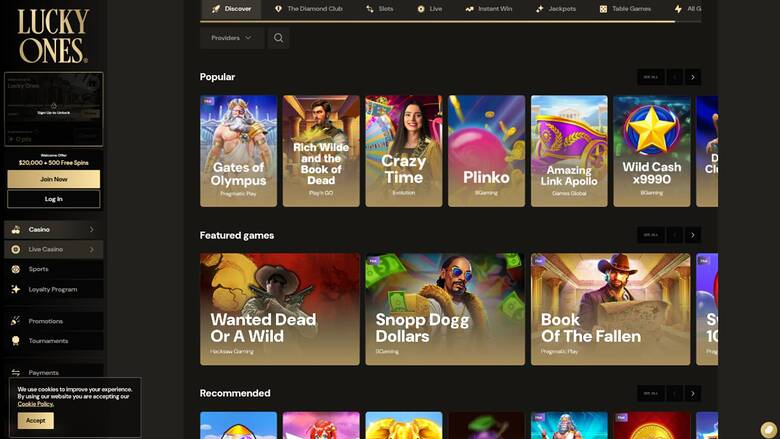 Games page screenshot of Lucky Ones Casino
