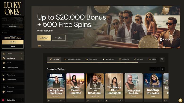 Live page screenshot of Lucky Ones Casino
