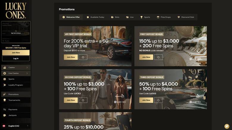 Promotions page screenshot of Lucky Ones Casino