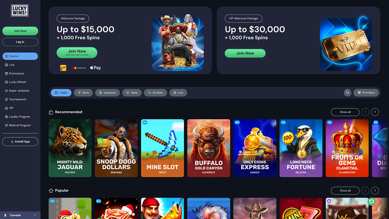 Luckywins Casino Desktop Homepage