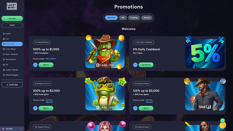 Luckywins Casino Desktop Promotions
