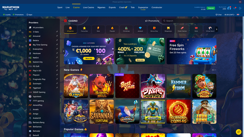 MarathonBet Casino Desktop Homepage