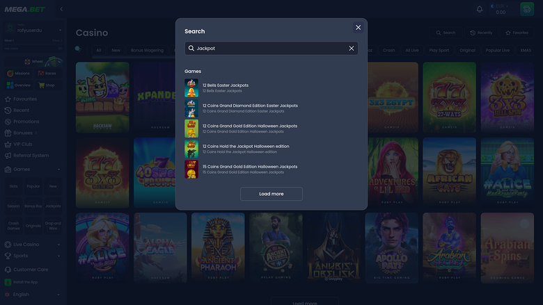 Mega.Bet Casino desktop Jackpot