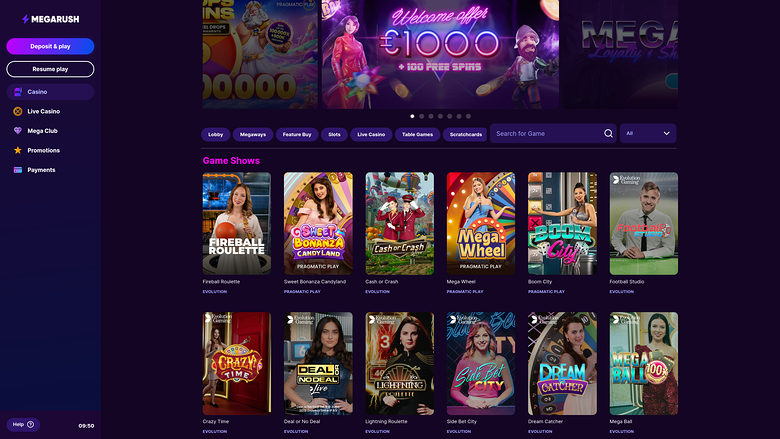MegaRush Casino Mobile Game Shows
