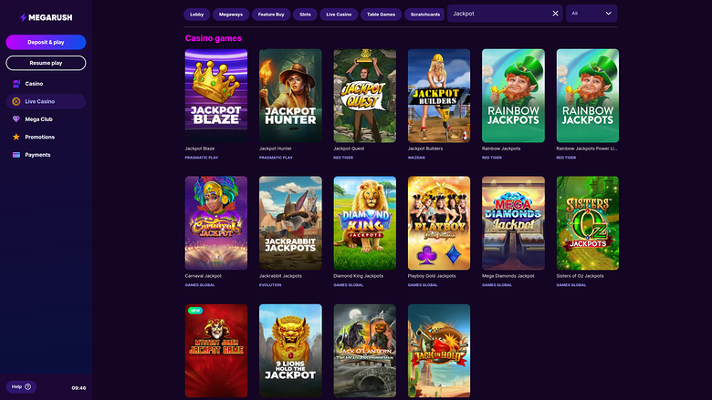 MegaRush Casino desktop Jackpot