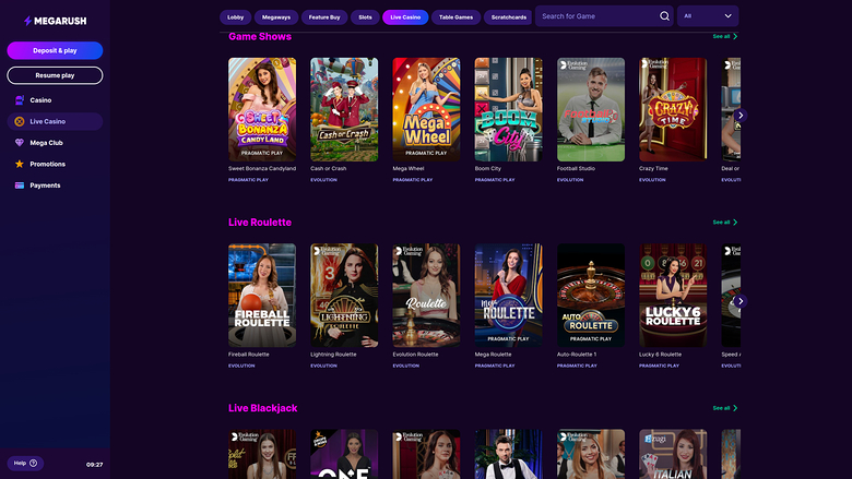 MegaRush Casino Desktop live dealer