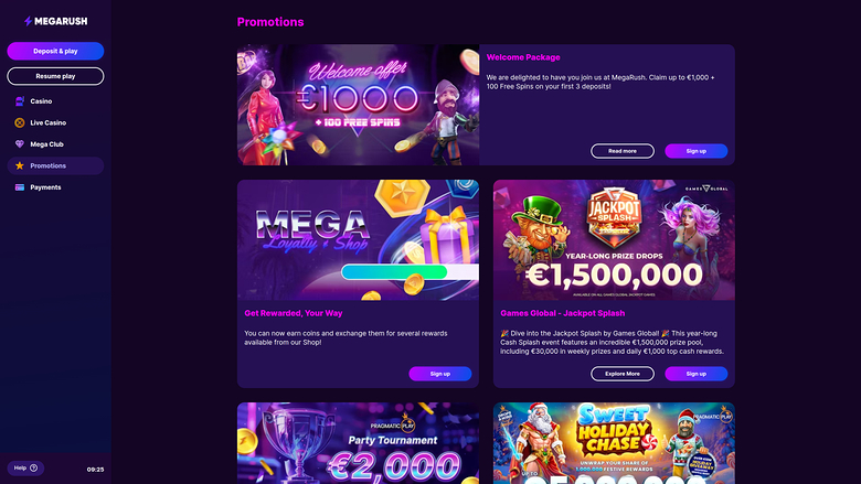 MegaRush Casino Desktop Promotions
