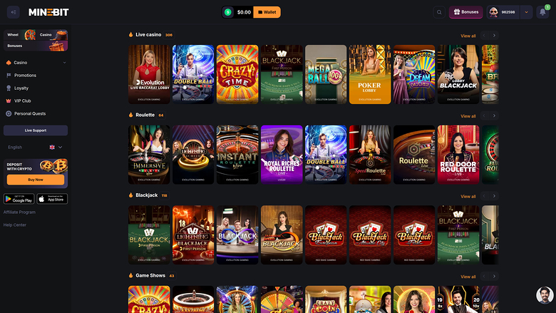 Minebit Casino Live Dealer Desktop