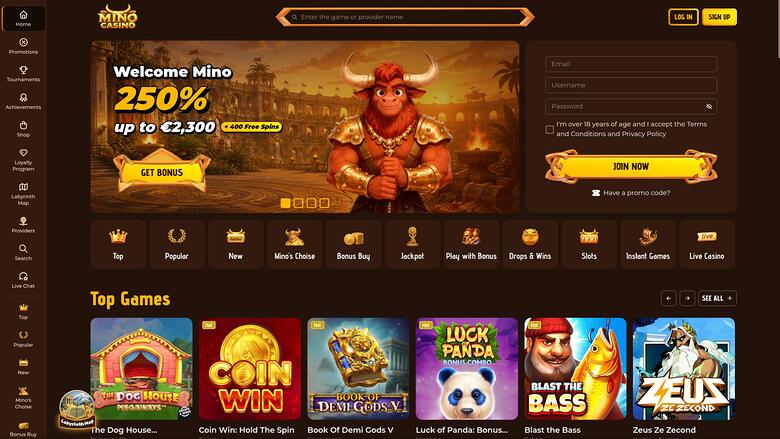 Mino Casino homepage