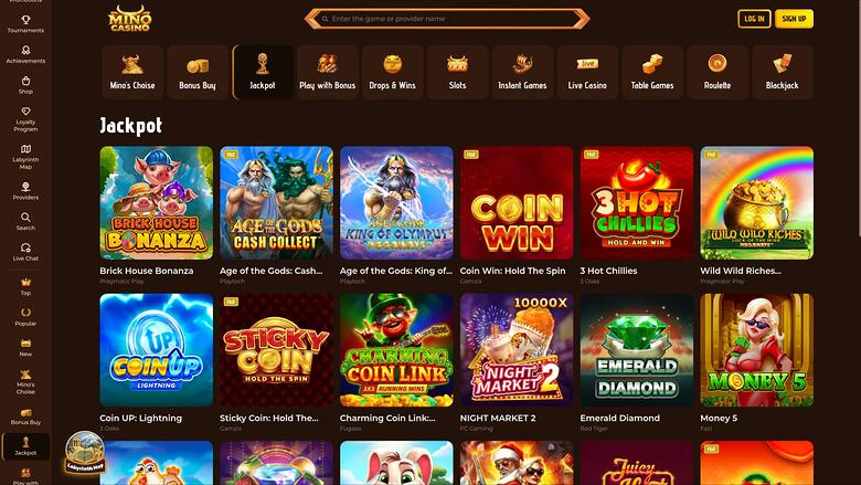 Mino Casino jackpot page