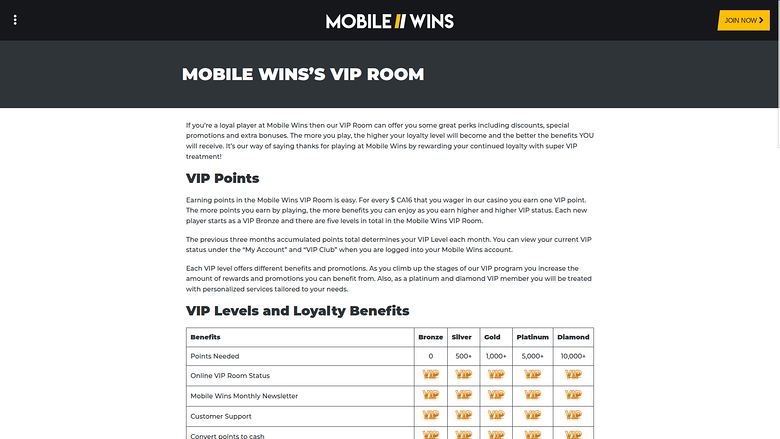 MobileWins Casino Desktop VIP Program
