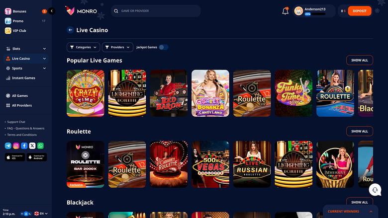 Monro Casino Desktop Live Dealer
