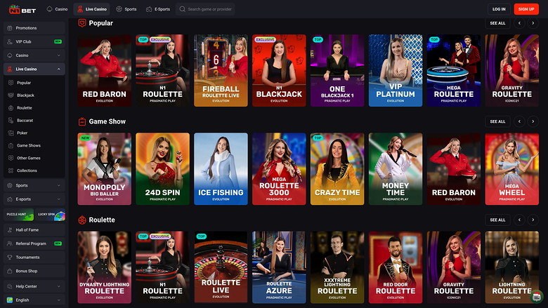 N1 Bet Casino Desktop Live Dealer