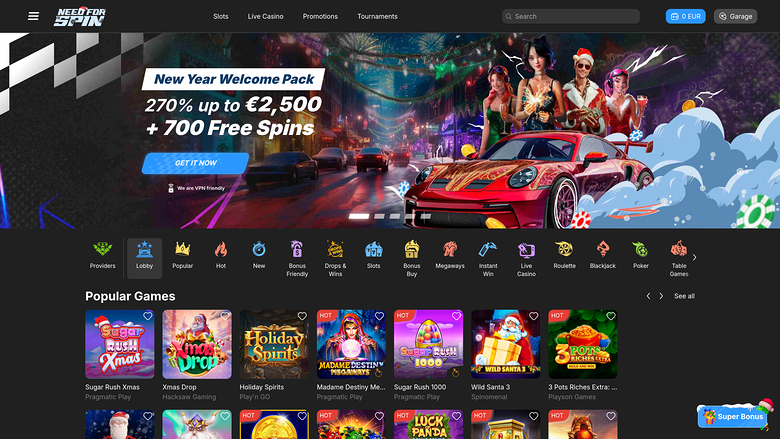 Need for Spin Casino Desktop Homepage
