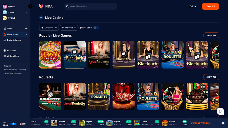 Nika Casino Live Dealer Desktop