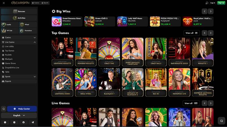 Live games screenshot of Oscarspin Casino