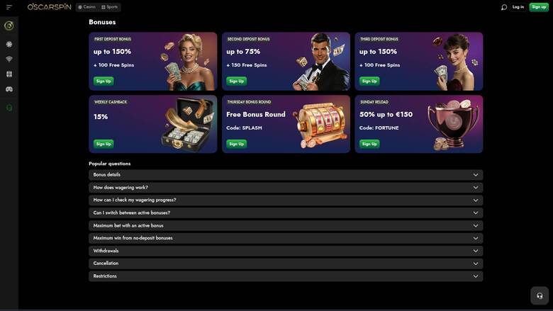 Promotions page screenshot of Oscarspin Casino 