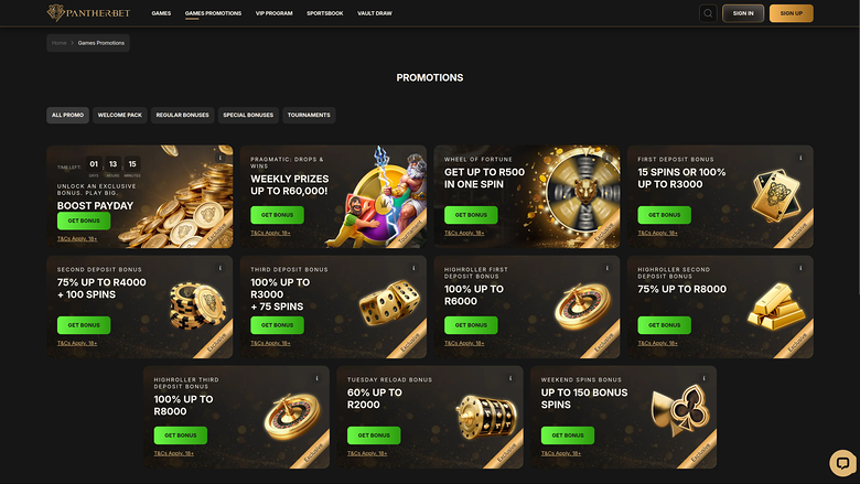 PantherBet Casino Desktop Promotions