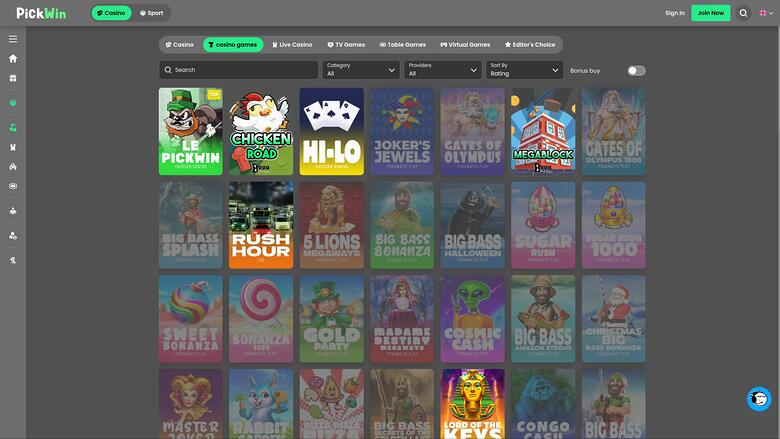 PickWin Casino games page