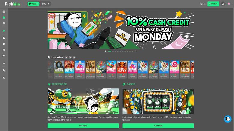 PickWin Casino homepage