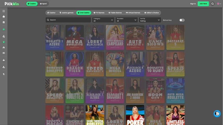 PickWin Casino live dealer page