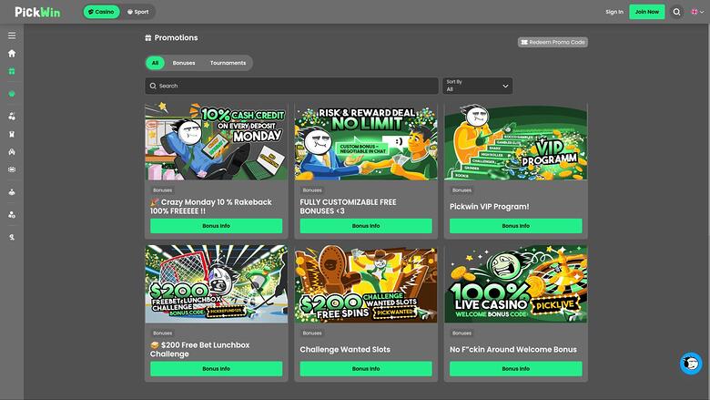 PickWin Casino promotions page