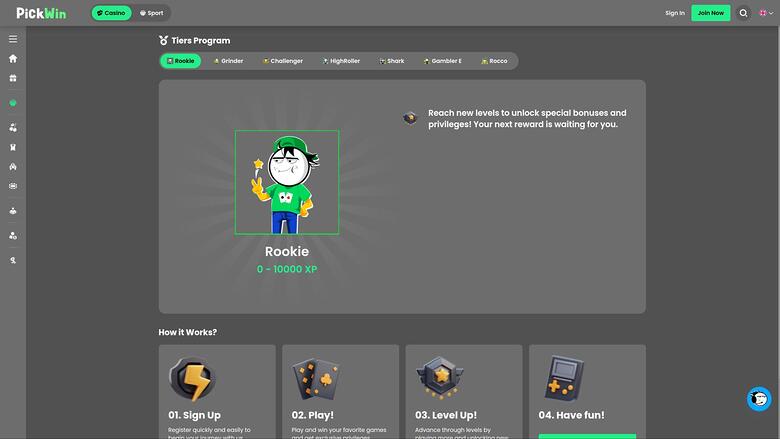 PickWin Casino VIP page