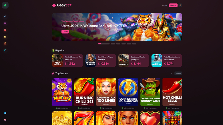 PiggyBet Casino Homepage Desktop
