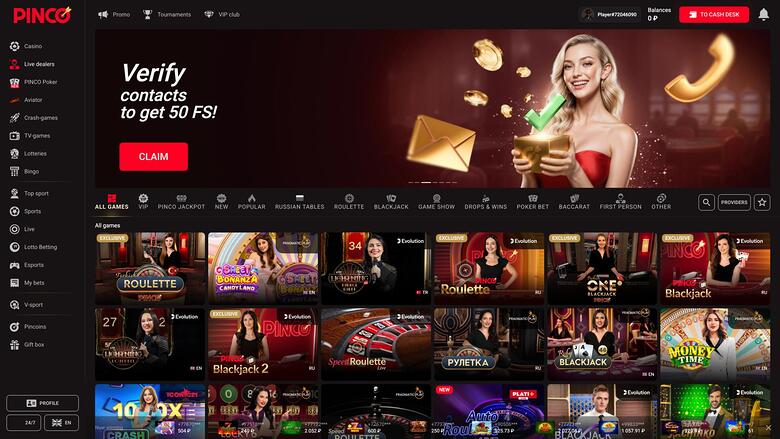 Pinco Casino Live Dealer Desktop