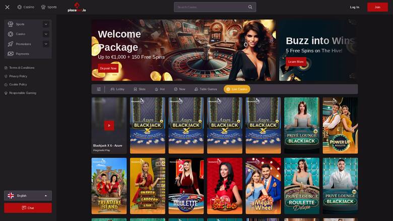 Live page screenshot of Placebet Casino
