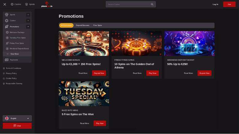 Promotions page screenshot of Placebet Casino