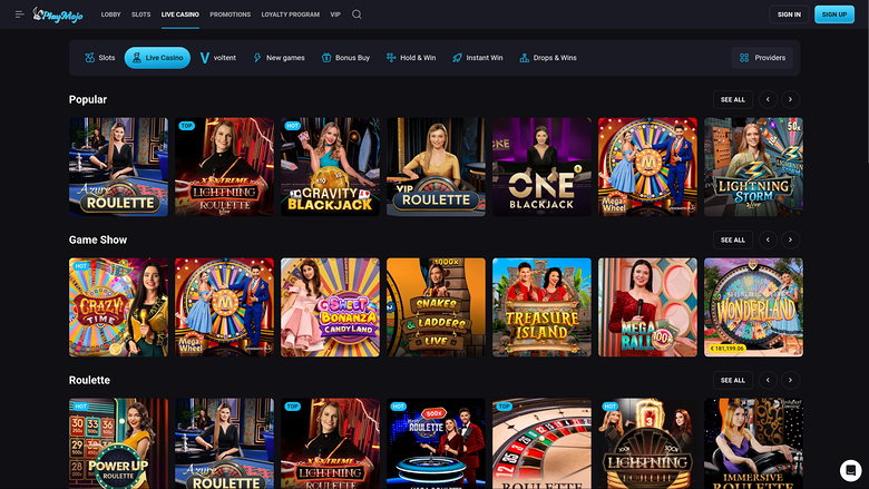 PlayMojo Casino Desktop Live Dealer