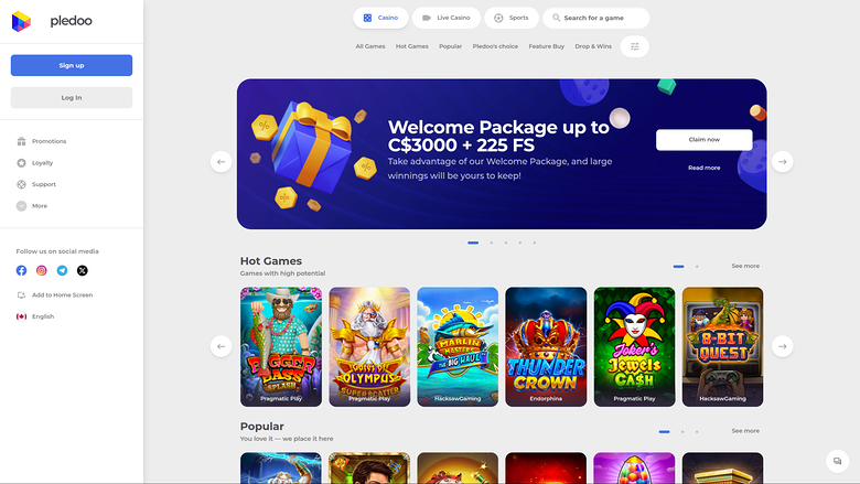Pledoo Casino Desktop Homepage