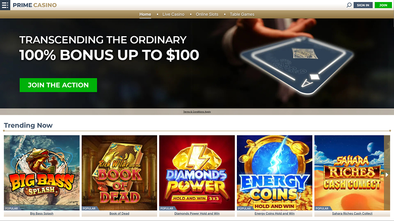 Prime Casino Desktop Homepage