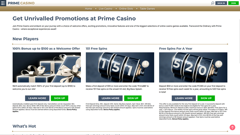 Prime Casino Desktop Promotions