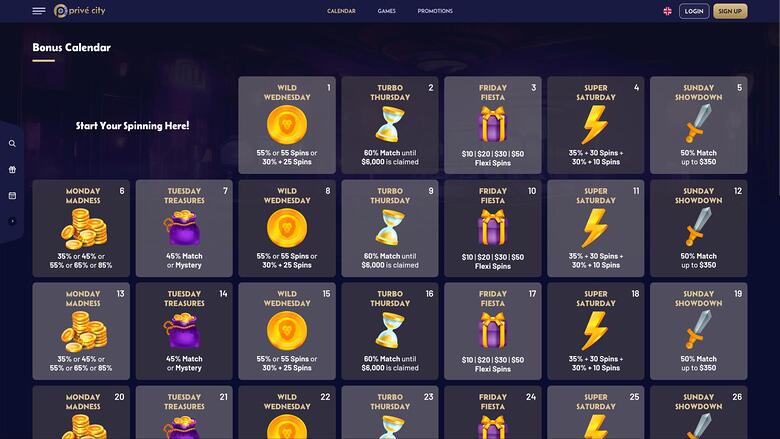Prive City Casino bonus calendar page
