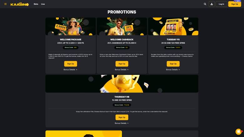 Promotions page screenshot of Kaasino Casino
