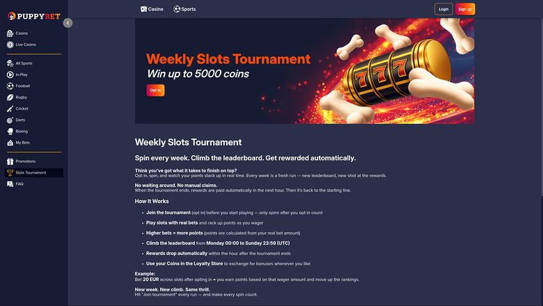 PuppyBet Casino Desktop Tournaments